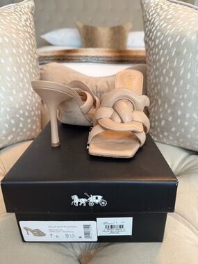 Coach Kellie Knotted Leather Stiletto Sandal in Nude Beige with box